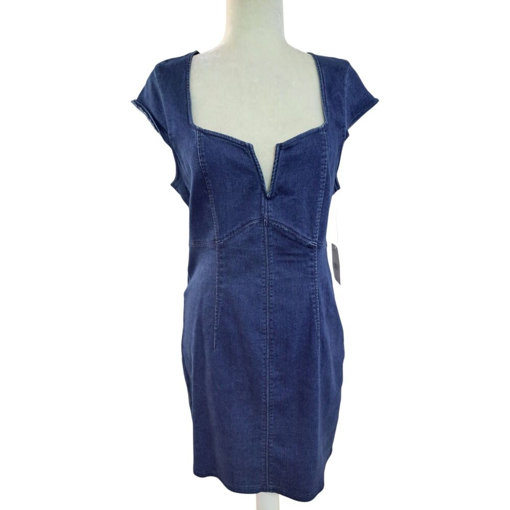Free People Women's Lia Denim Bodycon Sexy Mini Blue Dress Sz Large